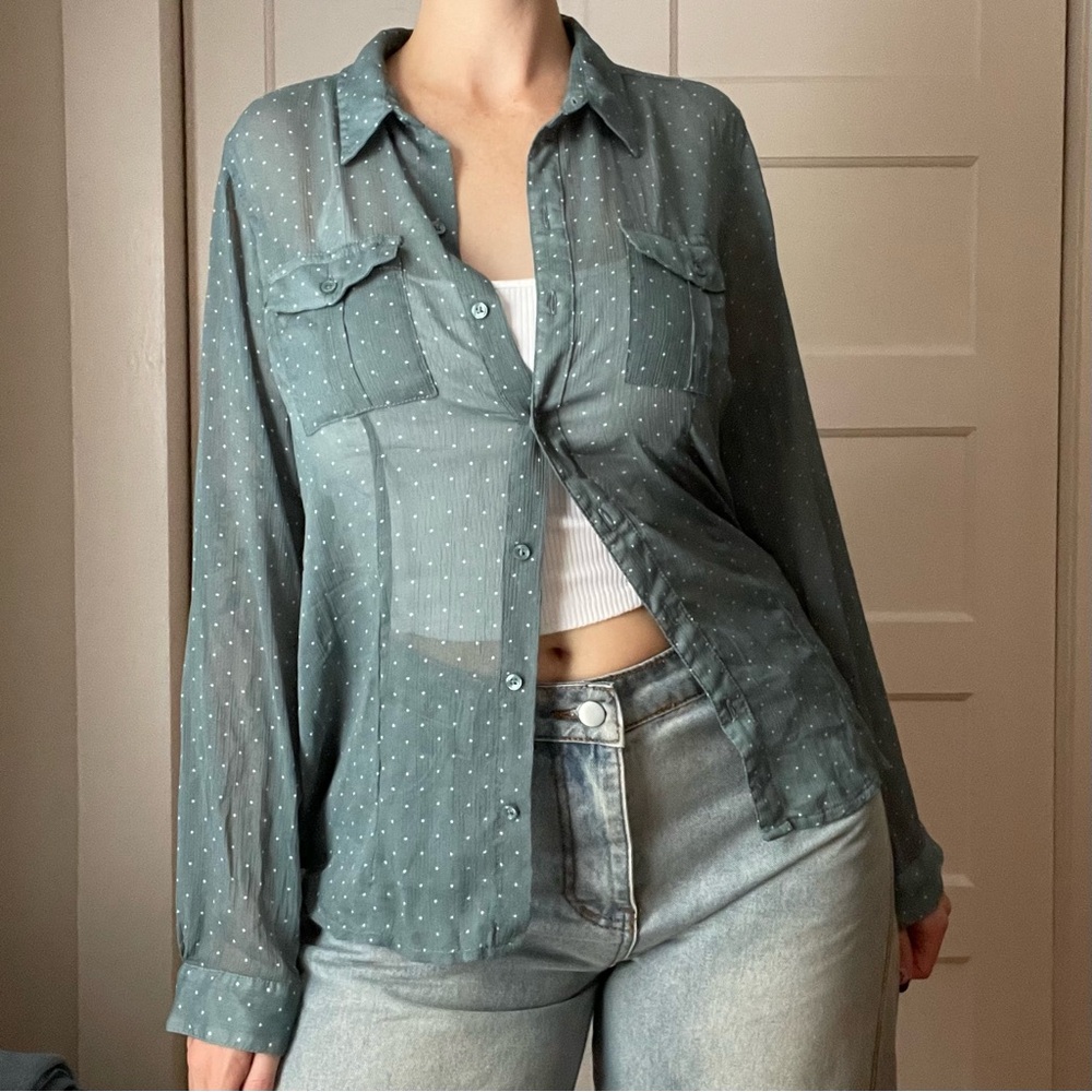 Eddie Bauer Sheer Polka Dot Long Sleeve Blouse